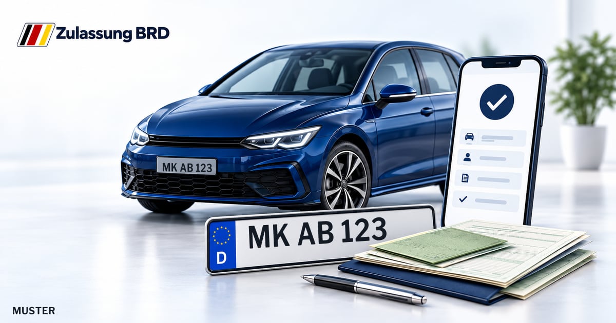 Online Fahrzeugzulassung in Hemer: Musterkennzeichen MK AB 123, Auto und Fahrzeugpapiere und Smartphone. Illustration mit Logo von Zulassung BRD.
